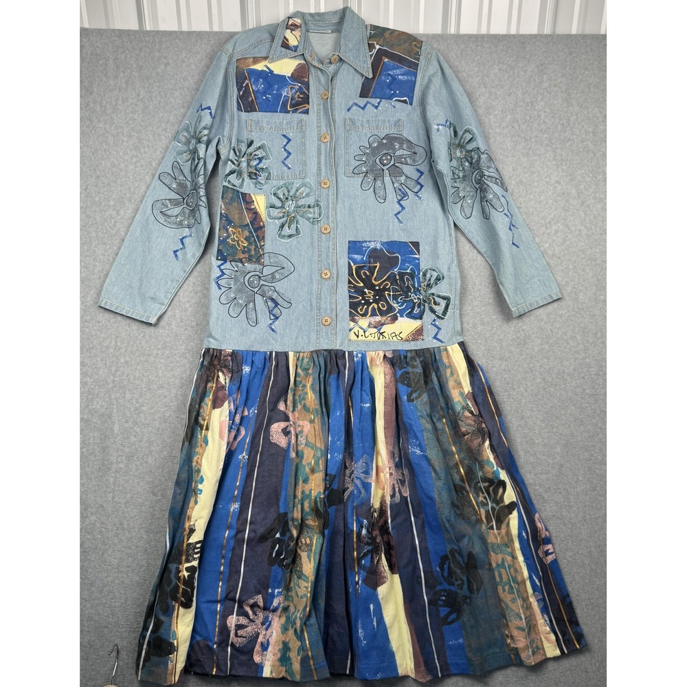 V C Torias Dress Womens S/M Blue Hand Painted Denim VTG Patchwork Boho Artsy 90s